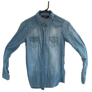 Miley Cyrus Max Azria Blue Denim Button Up Metal Snap Shirt Women's XS Distress